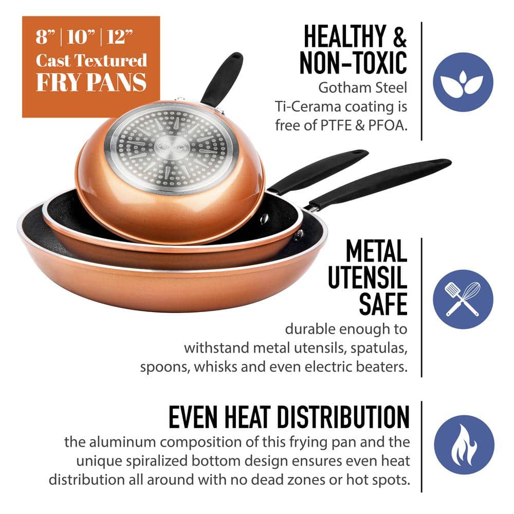 Gotham Steel Copper Nonstick Ceramic Coated Fry Pan Set - 8'', 10'' and 12''