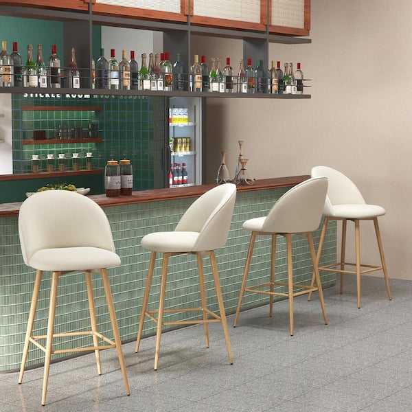 Haseeb 26 in. Modern Swivel Upholstered Counter Height Bar Stool with Curved Back Ivory White Fabric/Oak Legs (Set of 4)