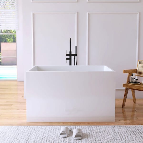 Ivan 43 in. x 28 in. Small Acrylic Flatbottom Freestanding Japanese Soaking Bathtub in White with Seat