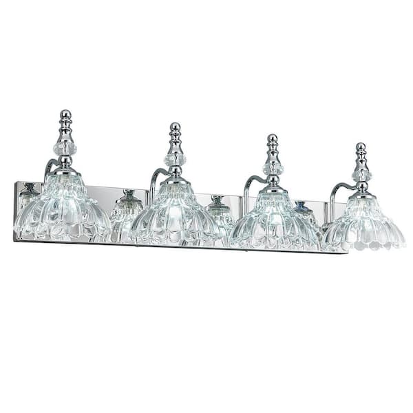 Home Lighting 30.71 in. 4-Light Chrome Vintage Bathroom Vanity Light with Flower Glass Shade Over Mirror for Bathroom