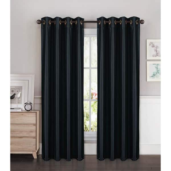 Window Elements Semi-Opaque Kim Faux Silk Extra Wide 96 in. L Grommet Curtain Panel Pair, Black (Set of 2)