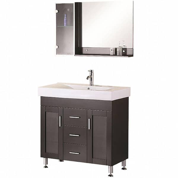 Design Element Miami 36 in. W x 19 in. D Vanity in Espresso with Porcelain Vanity Top and Mirror in White