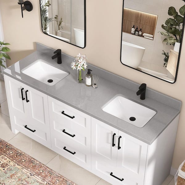 60 in. W x 22 in. D Engineered Stone Marble White Rectangular Double Sink Bathroom Vanity Top with Backsplash in Gray