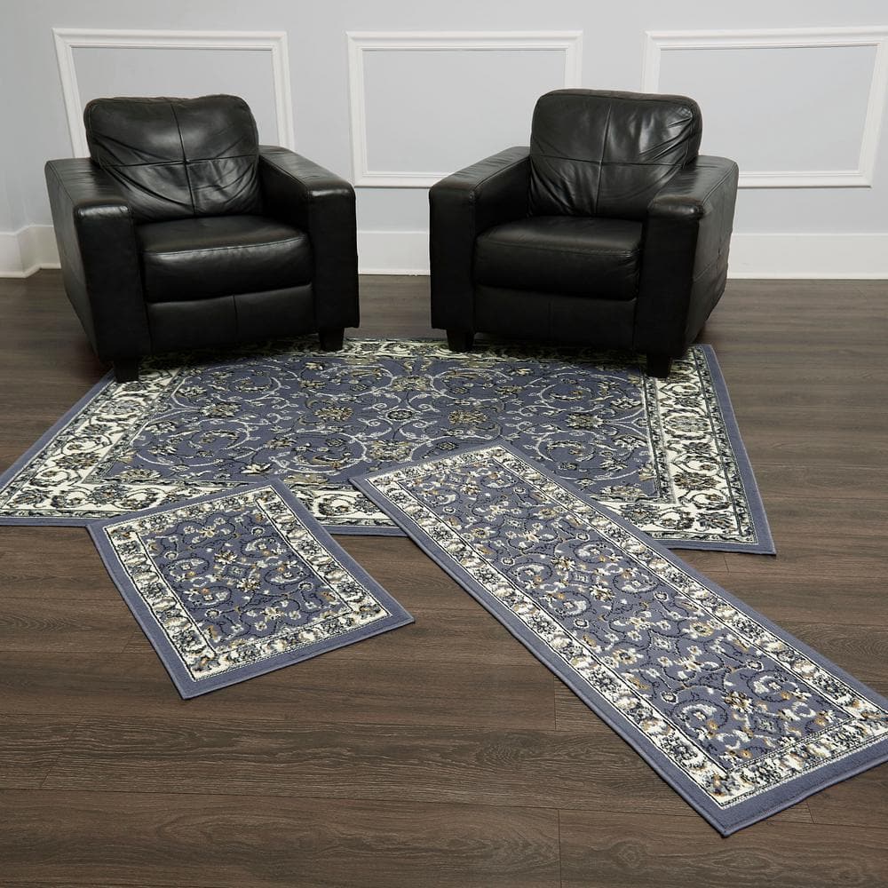 Elegant Blue and Ivory Synthetic 3-Piece Area Rug Set