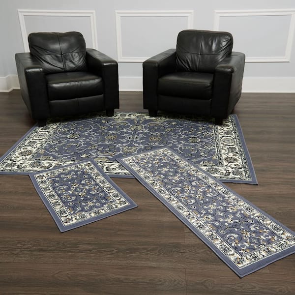 Ariana Blue/Ivory 5 ft. x 7 ft. 3-Piece Oriental Area Rug Set