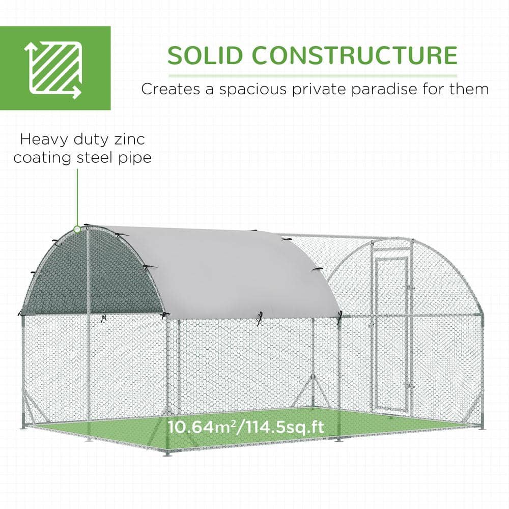 Large Silver Metal Walk-In Chicken Coop with UV Resistant Cover