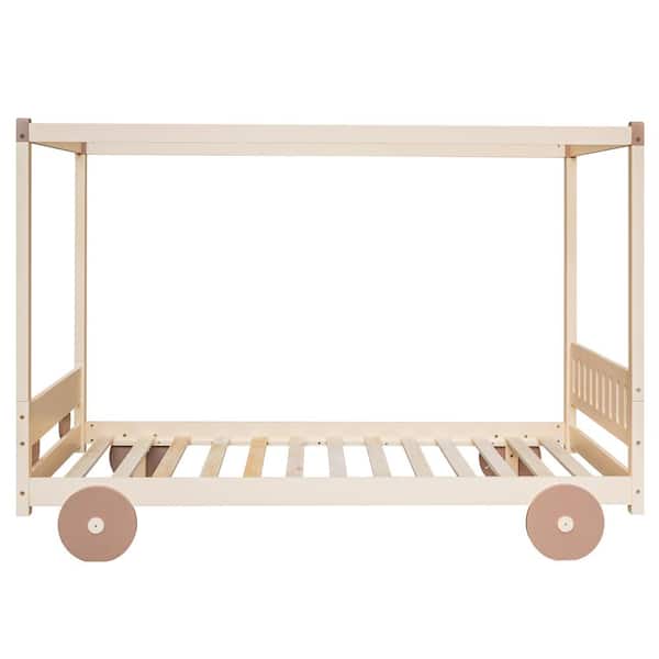STICKON 78.3 in. W Natural Brown Wood Frame Twin Size Car-Shaped Platform Bed with Canopy