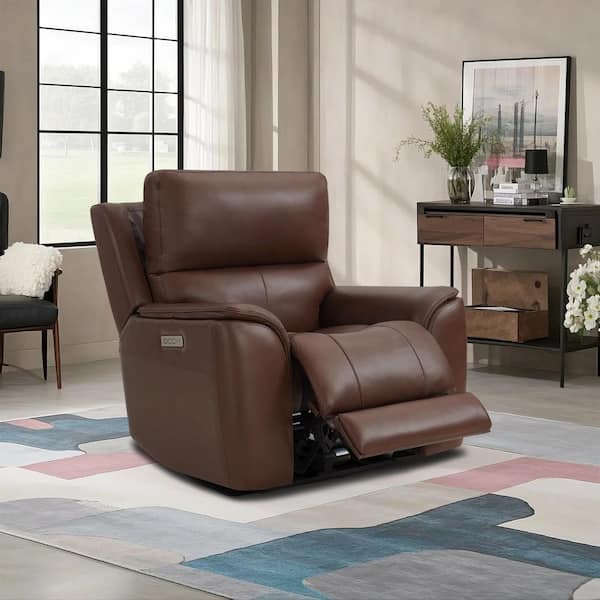 Theodore 41.5 in. Pillow Top Arm Genuine Leather Power Zero Gravity Rectangle Recliner in Dark Brown