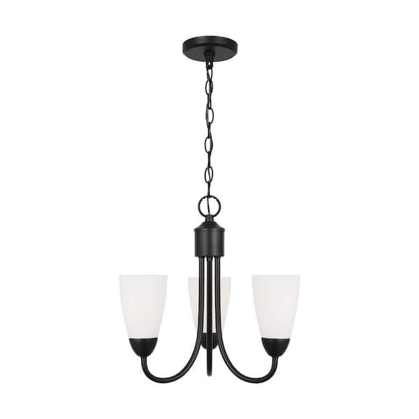 Seville 17 in. 3-Light Midnight Black Transitional Modern Hanging Chandelier with Etched White Glass Shades