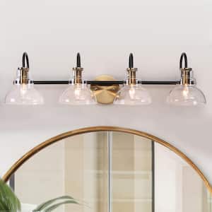 29 in. 4-Light Brass Gold Bathroom Vanity Light, Barn Clear Glass Bath Lighting, Modern Black Indoor Wall Sconce