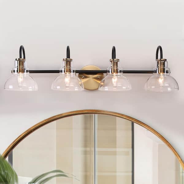 Zevni 29 in. 4-Light Brass Gold Bathroom Vanity Light, Barn Clear Glass Bath Lighting, Modern Black Indoor Wall Sconce