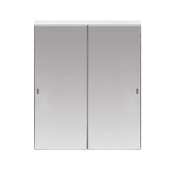 Impact Plus 90 in. x 80 in. Polished Edge Backed Mirror Aluminum Frame Interior Closet Sliding Door with White Trim