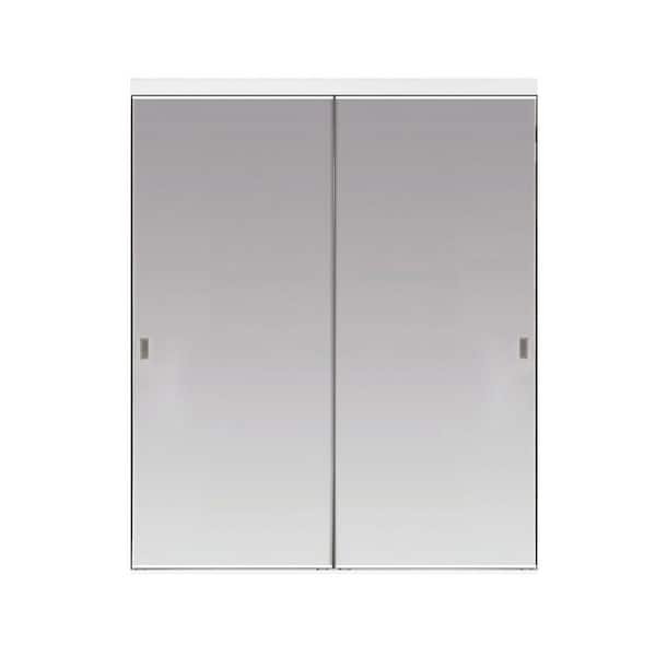 60 in. x 84 in. Beveled Edge Backed Mirror Aluminum Frame Interior Closet Sliding Door with White Trim
