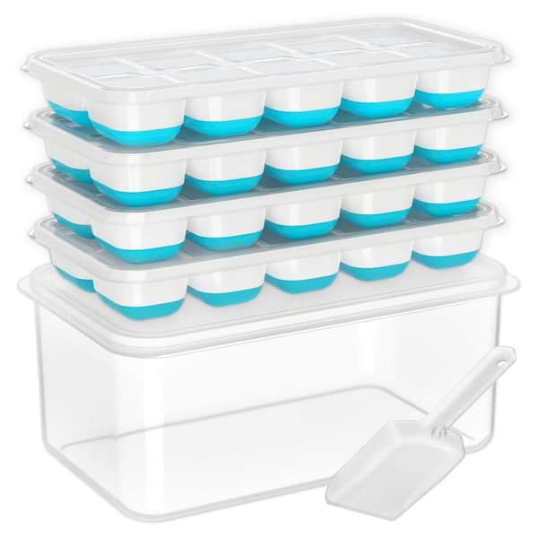 4-Pack Blue Stackable Silicone Plastic Ice Cube Tray with Lid, Scoop and Bin for Soup, Food, Cocktail and Coffee
