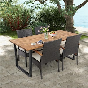 5 Piece Wicker Outdoor Dining Set Acacia Wood Table 4 Wicker Chairs with Umbrella Hole and White Cushions