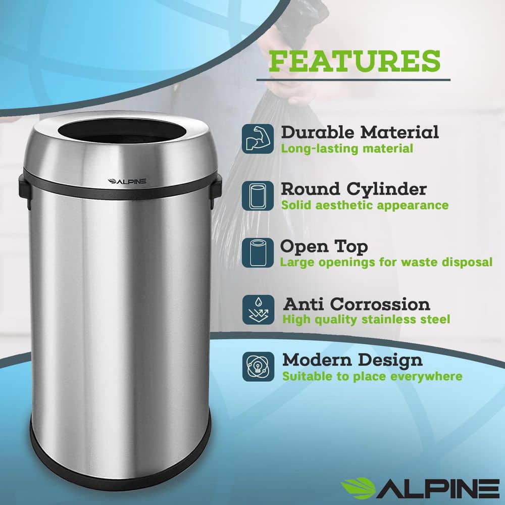 17-Gallon Stainless Steel Open Top Trash Can with Black Ring, 2-Pack