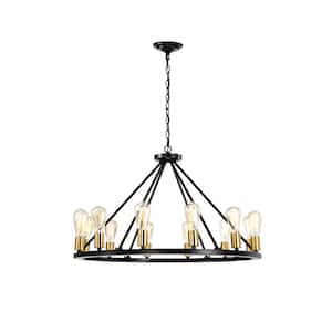 12-Light Black Iron Crystal Ceiling Lamp Chandelier Pendant with Round Metal Shade