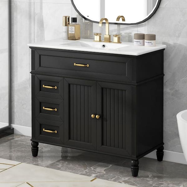 36 in. Single Sink Freestanding Black Bath Vanity with White Ceramic Top