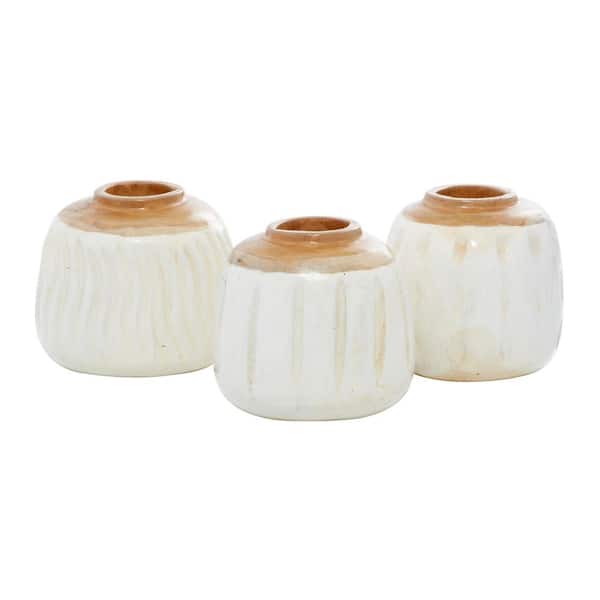 Litton Lane White Handmade Teak Wood Decorative Vase (Set of 3)