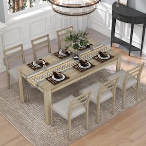 Mutifunctional 7-Piece Natural Wooden Dining Table Set with Extendable Table, 2 Drawers and 6 Upholstered Chairs