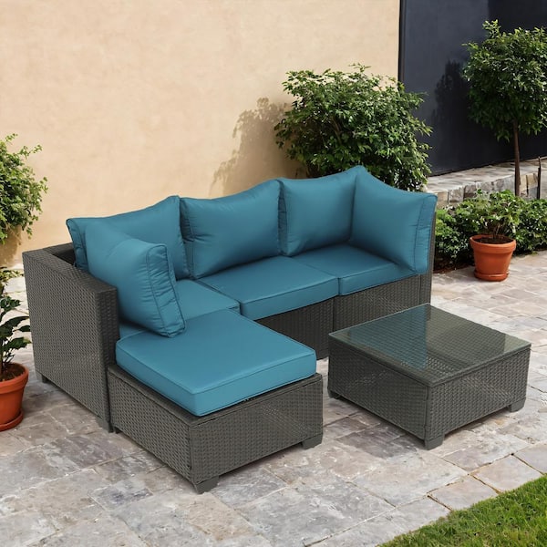 Unbranded 5-Piece Coffee Wicker Outdoor Sectional Set with Peacock Blue Cushions and Coffee Table