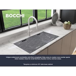 Baveno Lux Concrete Gray Granite Composite 33 in. Double Bowl Undermount Kitchen Sink w/Workstation Acc. & Covers