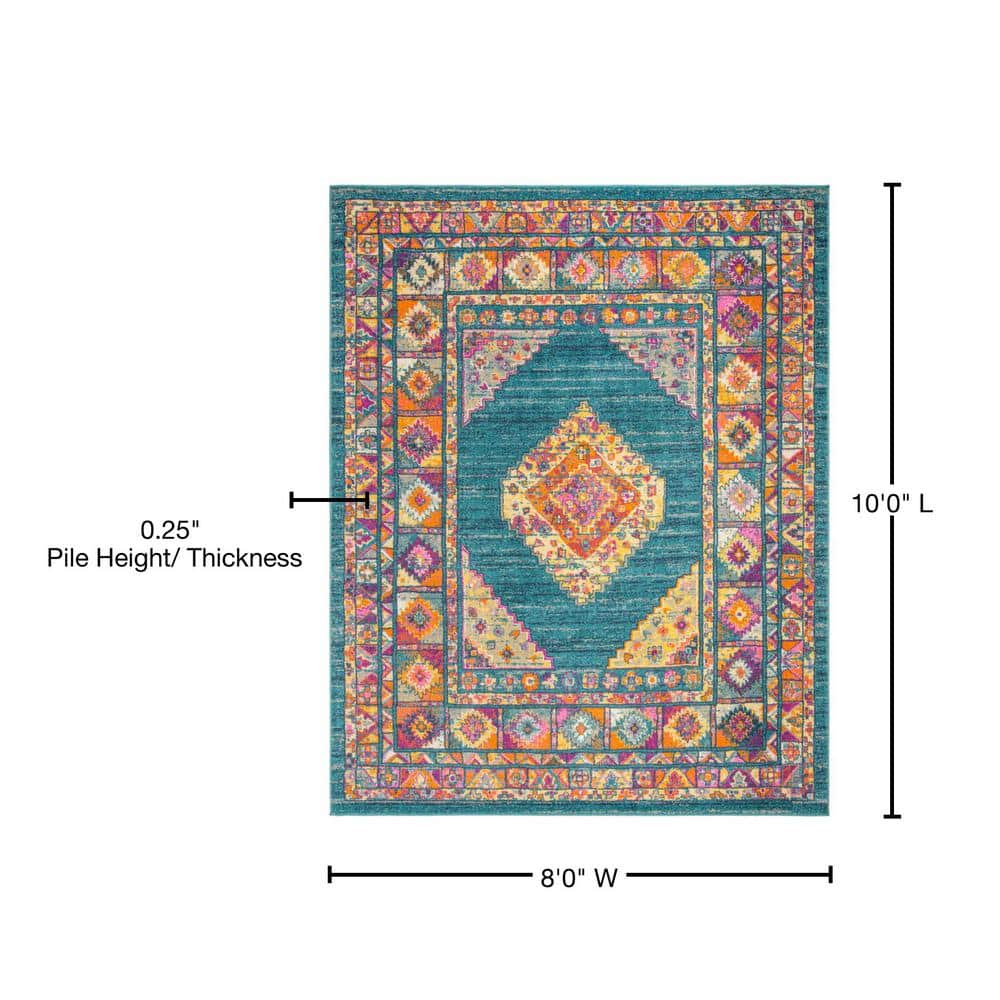 Light Blue and Orange Bohemian Synthetic Area Rug, 8' x 10'