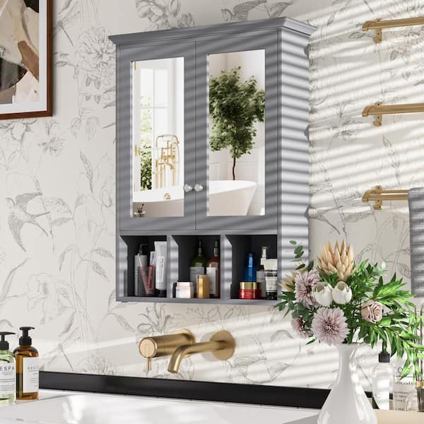VEIKOUS 23.6 in. W x 7.5 in. D x 30.4 in. H Oversized Bathroom Storage Wall Cabinet with Adjustable Shelves and Mirror, Gray