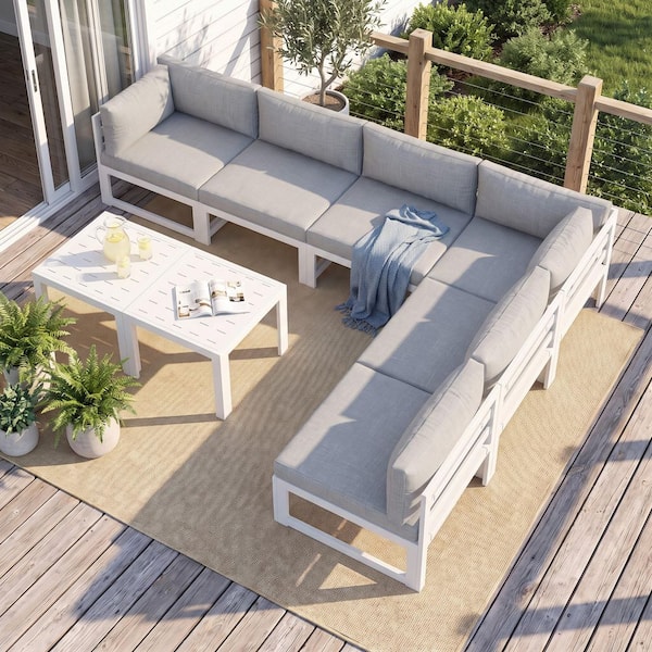 White 8-Piece Aluminum Outdoor Patio Conversation Sectional Deep Seating Sofa Set with Tables and Light Gray Cushions