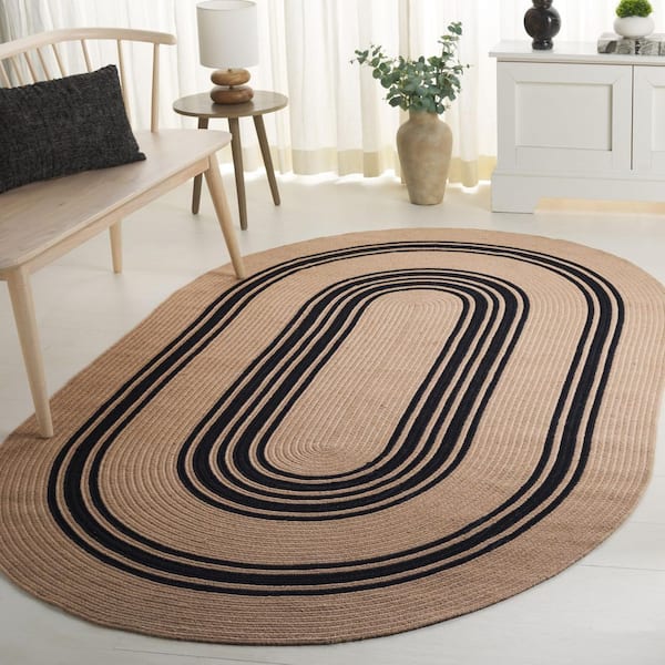 Braided 4 ft. x 6 ft. Natural/Black Solid Striped Oval Area Rug