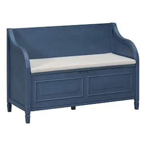 Rustic Style Wood Entryway Storage Bench Ottoman Antique Navy Dining Bench with Beige Cushion 42 in.