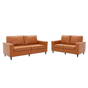 75.2 in. W Square Arms 2-Piece Leather Modern Straight Sofa in Orange with Solid Wood