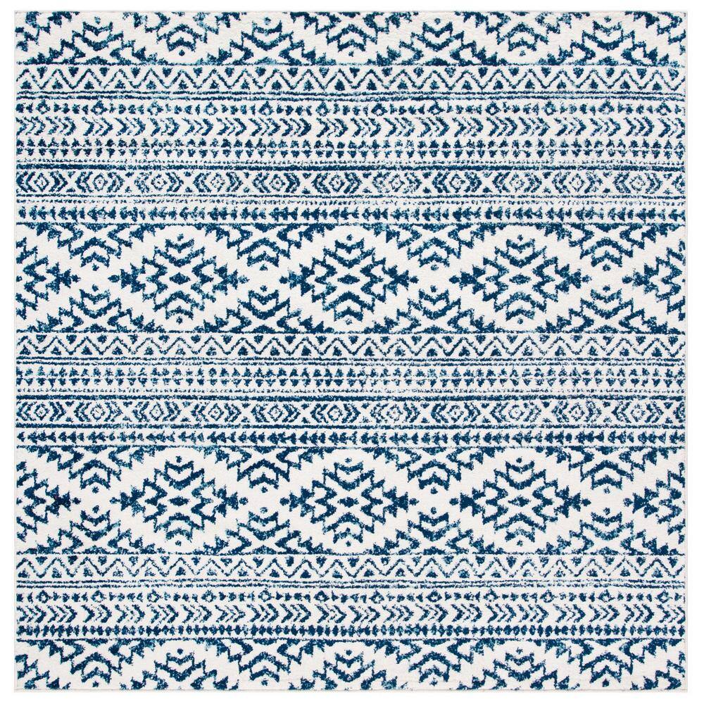 Hand-Knotted Ivory/Navy Geometric Square Synthetic Area Rug