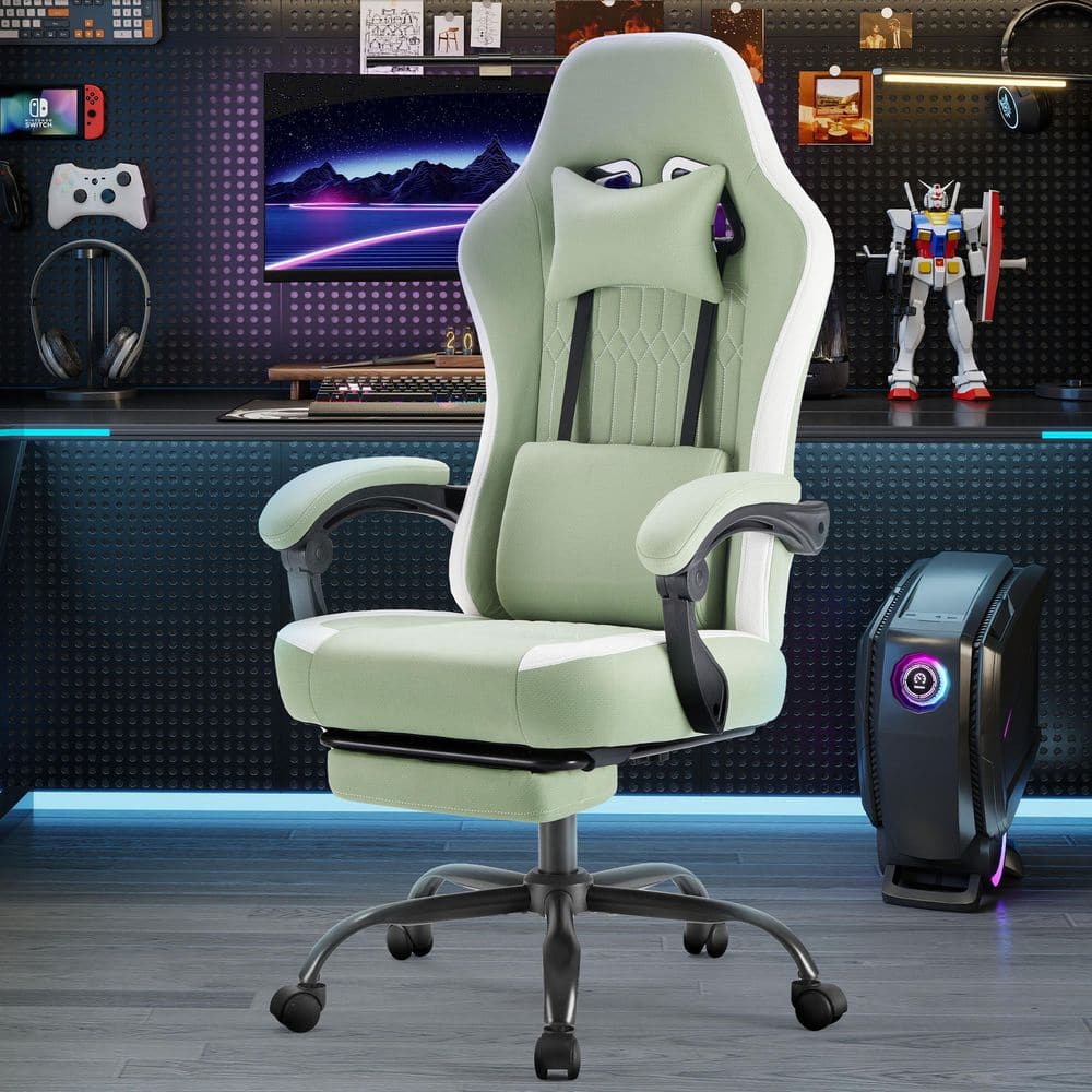 Fabric Reclining Ergonomic Gaming Chair in Green with Arms Adjustable Height and 360° Rotating Wheels