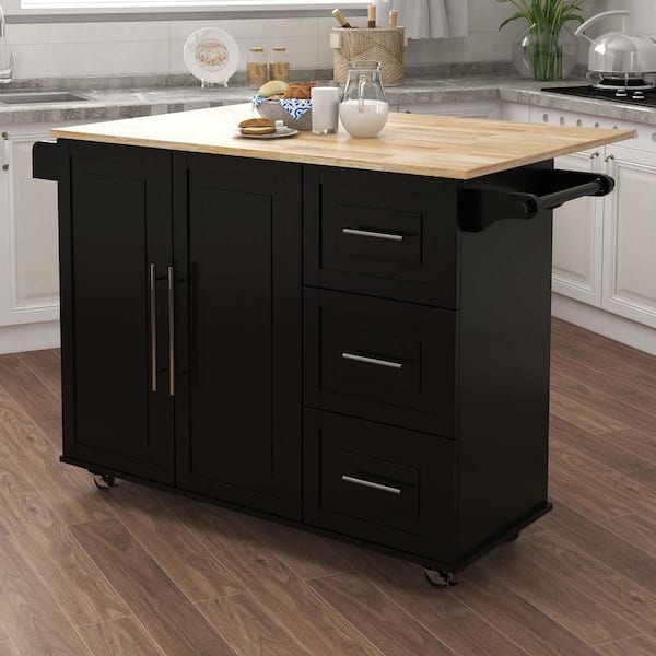 Black Wood 44 in. Farmhouse Kitchen Island with Drawers Spice Rack Towel Rack Extensible Solid Wood Tabletop Black
