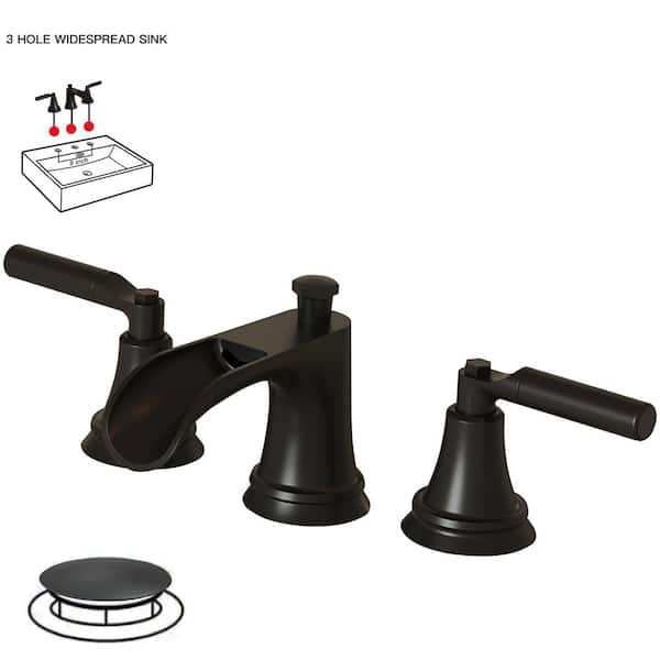 BWE 8 in. Widespread Double-Handle 3-Hole Waterfall Bathroom Faucet Water-Saving with Metal Drain in Matte Black