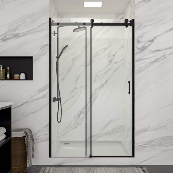 48 to 48 4/5 in. W x 76 in. H Black Semi-frameless Sliding Shower Door/Enclosure with 5/16 in.(8mm) Clear Tempered Glass