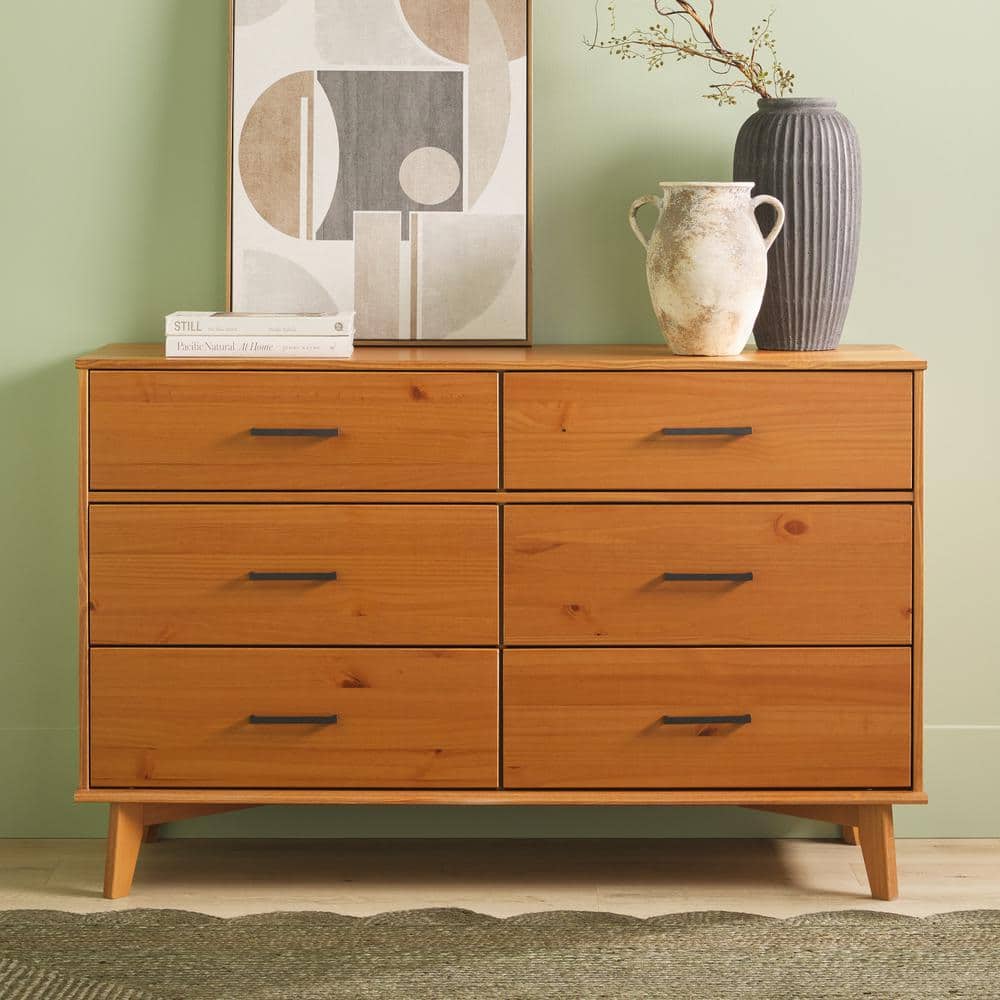 Caramel Solid Pine Wood 6-Drawer Dresser with Metal Handles