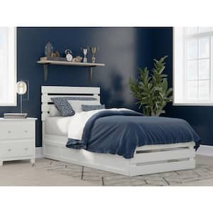 Oxford White Twin Extra Long Solid Wood Storage Platform Bed w/ Footboard and USB Turbo Charger w/ 2 Extra Long Drawers