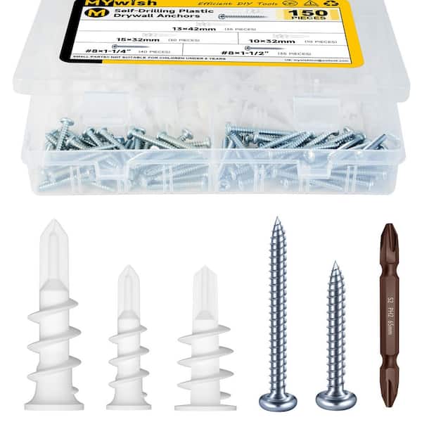 MYWISH Self Drilling Drywall Anchors & Screws (150-Pack) 0.54 in. x1.65 in. 0.39 in. x1.26in. 0.6in. x1.26'' Anchors, #8 Screws