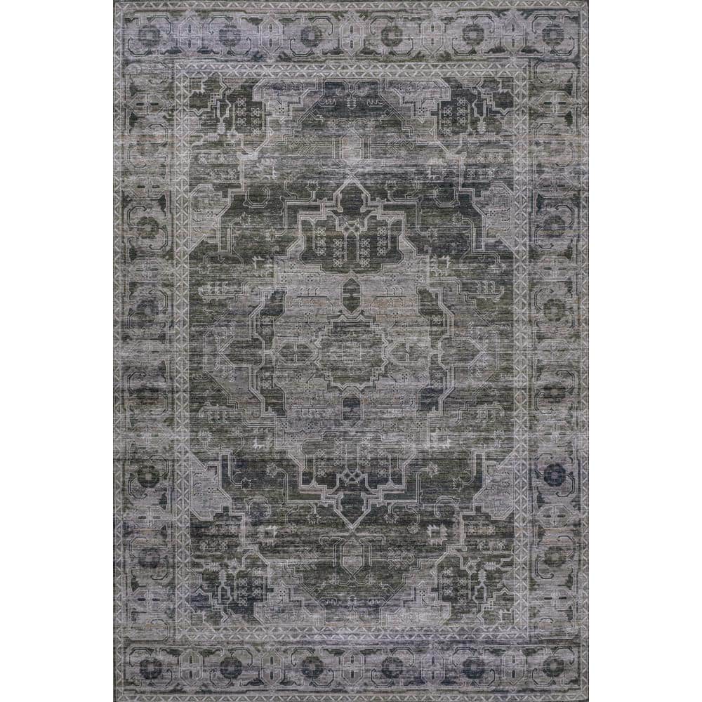 Alanya Dark Green and Gray Washable Synthetic Medallion Rug 4' x 6'