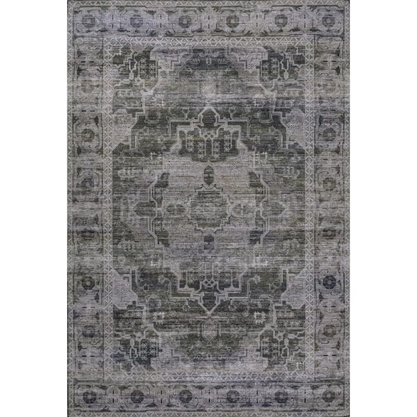 Alanya Ornate Medallion Machine-Washable Dark Green/Gray 5 ft. x 8 ft. Area Rug