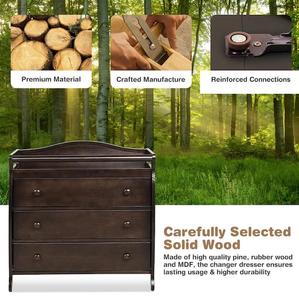 brown changing table dresser GAOMON Baby Changing Table, Wooden Diaper Changing Table, Infant Diaper Changing Station Dresser with Laundry Hamper, 3 Drawer Basket and Changing main image 1