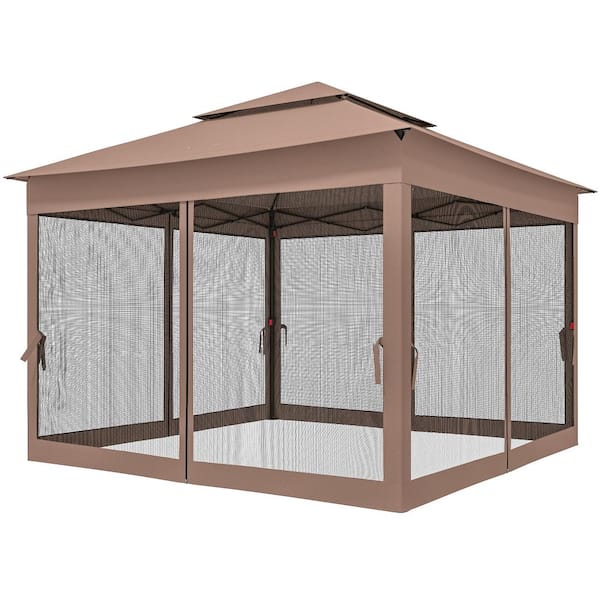 11 ft. x 11 ft. Brown Metal Outdoor Patio Pop Up Canopy Gazebo with Zipper Netting and Carry Bag for Lawn Deck Garden
