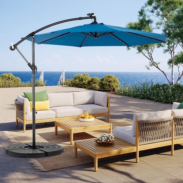 Huluwat 10 ft. Steel Market Solar Patio Umbrella in Blue with LED Light for Garden, Deck, Backyard, Pool
