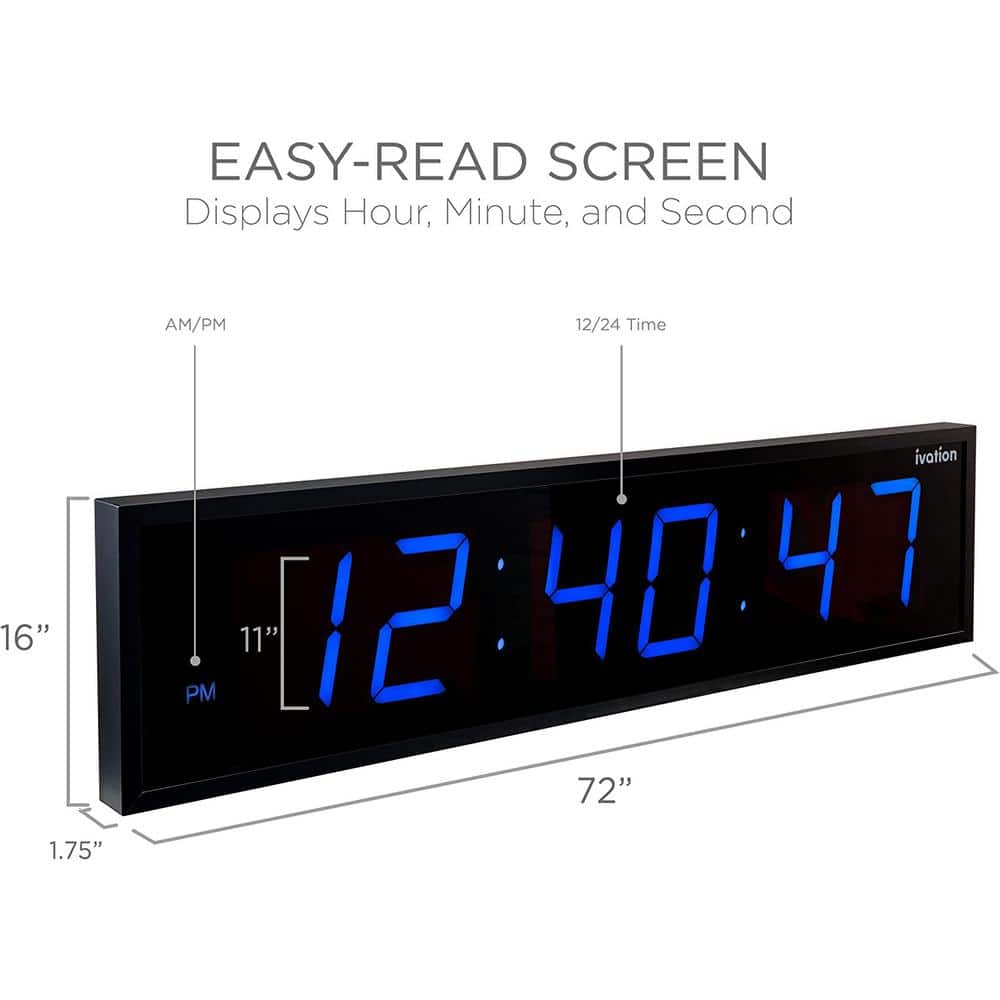 Ivation Oversized 72" Blue LED Digital Wall Clock with Remote