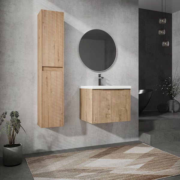 Combined 23.6 in. W X 18.1 in. D x 19.3 in. H Floating Bath Vanity in Imitative Oak with White Resin Vanity Top