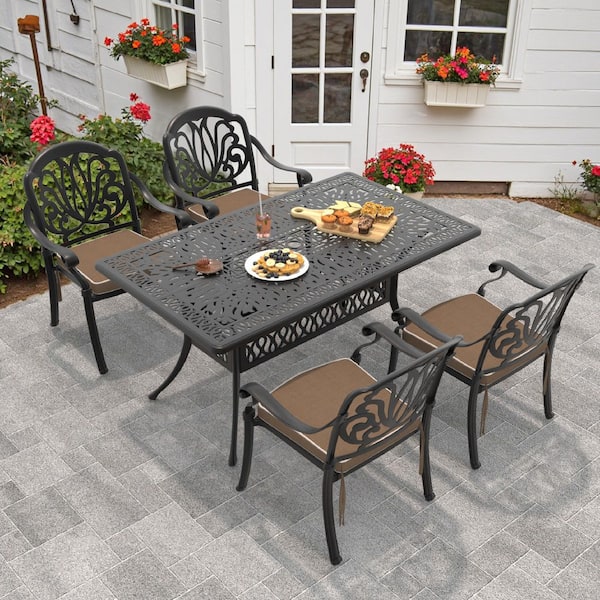 Elizabeth Black 5-Piece Cast Aluminum Outdoor Dining Set with Rectangle Table and Dining Chairs and Brown Cushion