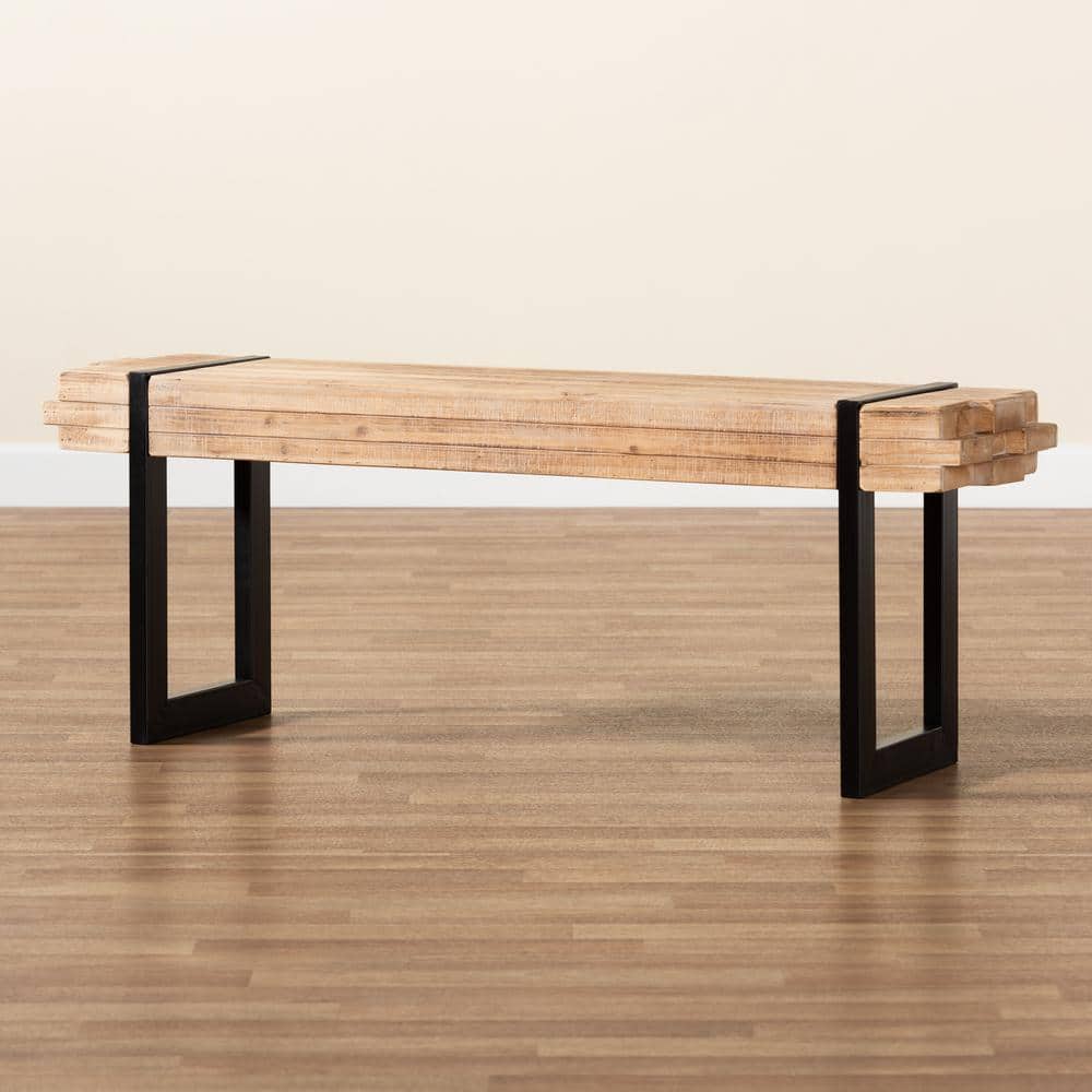 Henson Natural Brown Wood and Black Metal Bench
