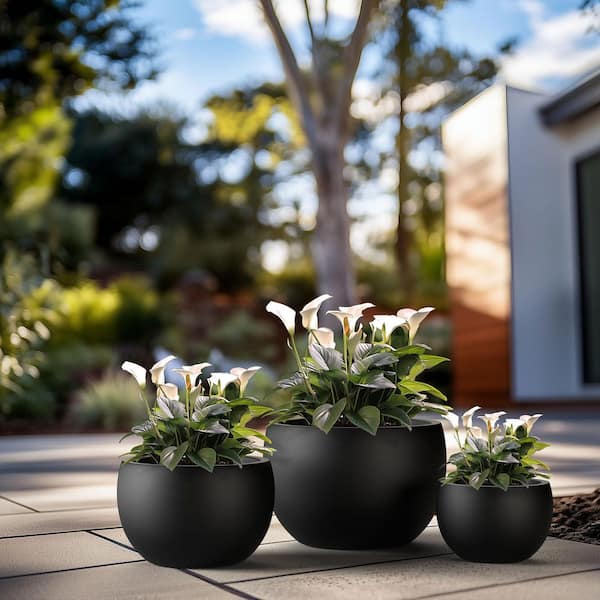 Morrava 11.5 in.,15 in.,19 in. Large Charcoal Black Concrete Round planter / Pot with drainage holes (Set of 3)